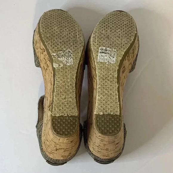 TOMS Women’s Sz 6.5 Brown Burlap Open Toe Ankle Straps Cork Wedge Platform Shoes - Picture 6 of 6